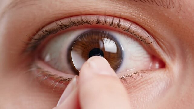 Close up of hazel colored human eye having a contact lens placed on it