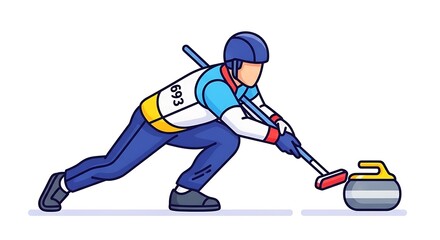 Obraz premium An illustration depicting a curling athlete in action, sliding a stone across the ice with a broom. The player wears a helmet