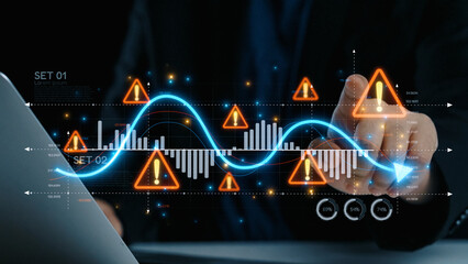 Economic caution visual showing risk alerts and financial volatility. Warning signs highlight...