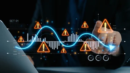 Fototapete Rund Restaurant Economic caution visual showing risk alerts and financial volatility. Warning signs highlight economic downturn, market risk, finance crisis, and uncertainty in data-driven analysis. Elide  © InfiniteFlow