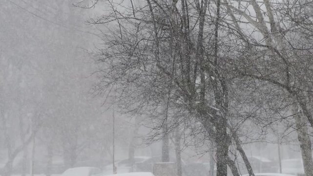 Heavy blizzard snowfall in urban area in winter
