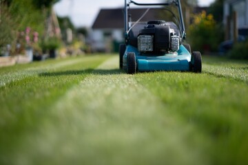 Low angle view of a lawn mower on a freshly cut green lawn. Summer yard work and garden maintenance in a residential backyard