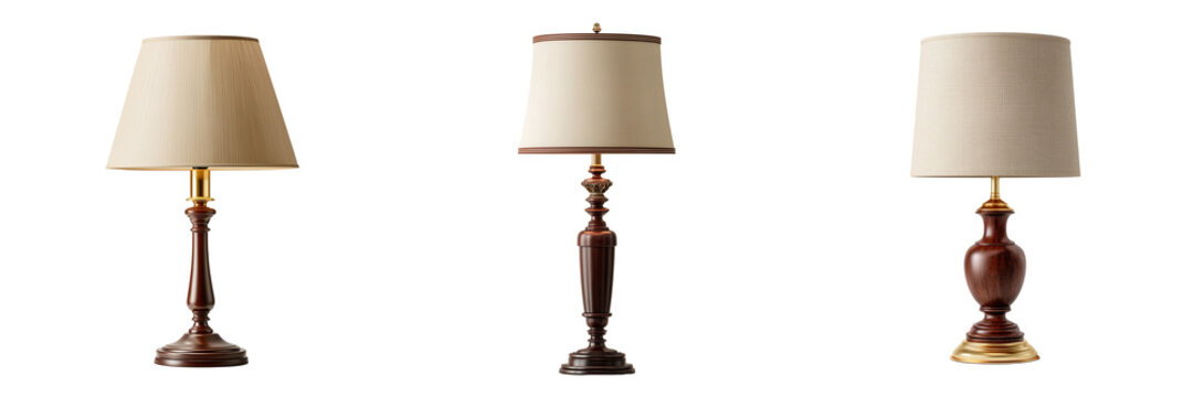 Set of Modern brass and beige table lamp with pleated fabric shade, dark wooden base on transparent png background. Ai generated