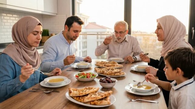 A happy Turkish Muslim family breaking their fast at iftar time during Ramadan
