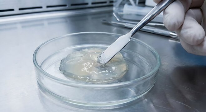 Gloved hand of researcher mixing viscous gel with metal spatula in petri dish on steel lab bench