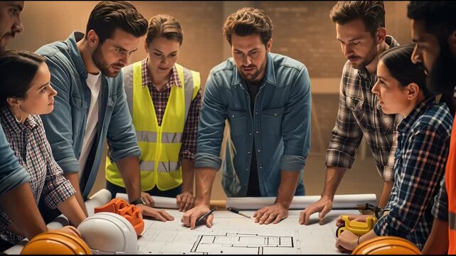 Diverse Construction Team Collaborates Over Architectural Blueprints in a Brightly Lit Office Planning and Reviewing Project Details with Focused Determination