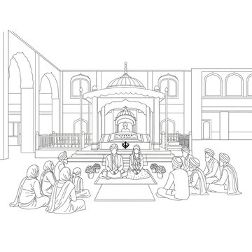 Sikh wedding anand karaj ceremony in gurdwara vector line illustration with guests