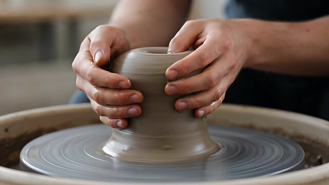 Close up of a potter shaping clay on a rotating pottery wheel