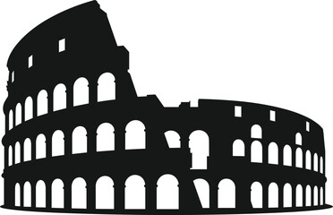 Naklejka premium Colosseum silhouette, ancient Rome landmark architecture illustration, historical amphitheater monument concept, Italy travel destination icon, isolated black vector