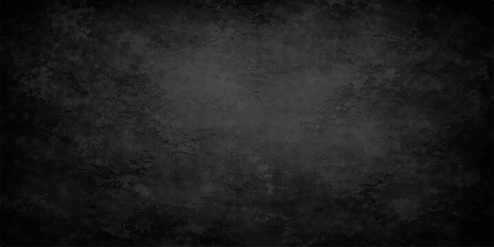 A dark black grunge concrete wall texture with a rough aged stone surface and dirty vintage paper effect creates a gritty blank backdrop design