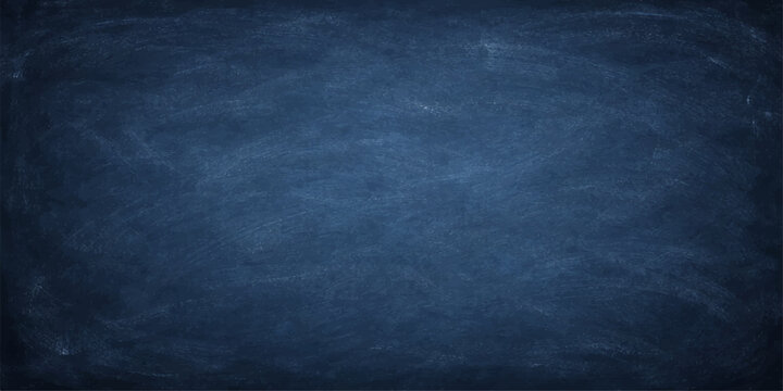 A blank vintage blue chalkboard featuring a dark grunge texture and rough weathered surface on a dirty old wall backdrop