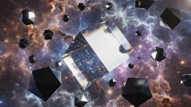 Aerial View of a Galaxy with Floating Geometric Shapes and a Central Rectangular Prism