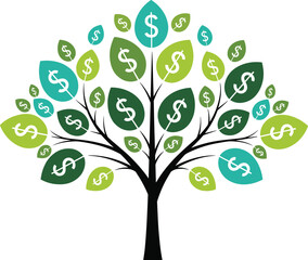 Money tree with dollar leaves, flat vector illustration for finance growth concept, investment savings symbol isolated business icon