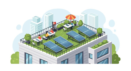 Obraz premium Rooftop Garden with Solar Panels, People Working Outdoors