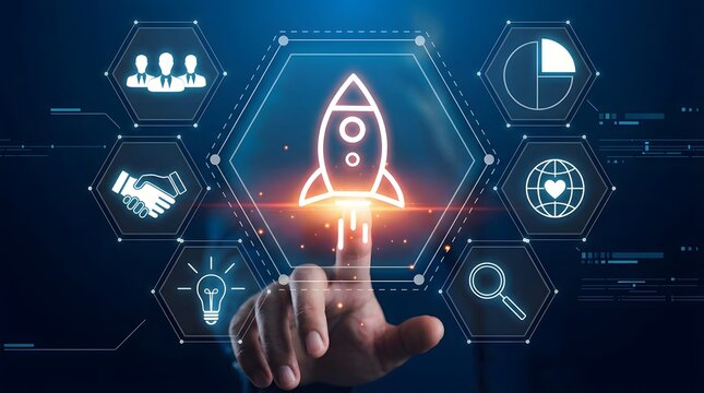 Hand touching digital rocket launch icon in futuristic business technology interface with innovation and growth concepts glowing blue