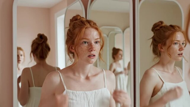 Woman seeing multiple reflections of herself in mirrors