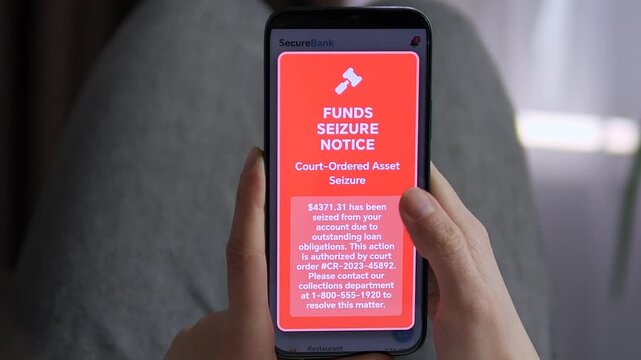 Close-up of a banking app transitioning from a healthy balance to a red Funds Seizure Notice. Concept of debt crisis, legal asset forfeiture, and financial bankruptcy. High-impact footage for news