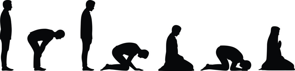 Muslim prayer positions silhouettes set, Islamic salah sequence illustration, people praying poses collection, worship posture steps, Ramadan prayer silhouette vector
