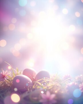 Rosafarbene Ostereier im Fr&uuml;hlingsgras mit strahlendem Pastell-Bokeh und gro&szlig;z&uuml;gigem Textfreiraum