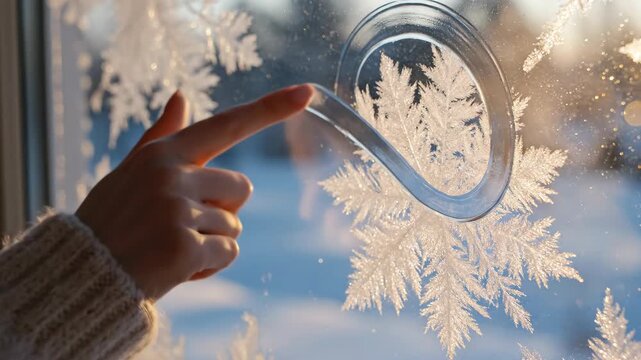 Finger tracing snowflake design on window during winter season, soft light illuminating frost pattern on glass. Snowflake design evokes cozy winter feelings,