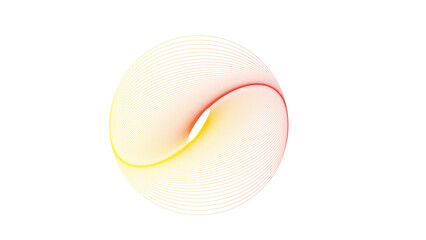 Abstract spherical shape formed by overlapping red and yellow gradient lines, suggesting a 3D torus or moebius strip with dynamic energy, on a white background.