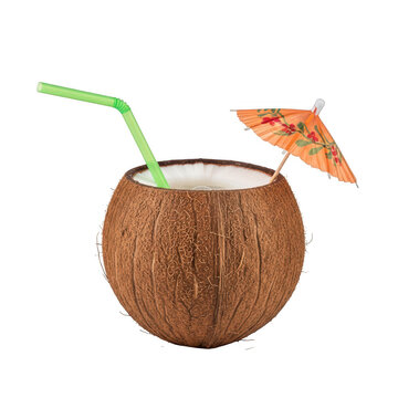 A coconut cocktail with an umbrella and straw