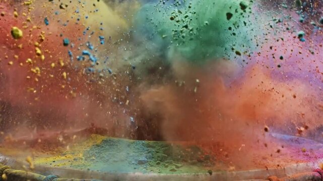 Explosive holi drum color shockwave capturing holika dahan energy with vibrant powder motion for festive hindu spring celebration cinematic abstract background indian cultural festival visual