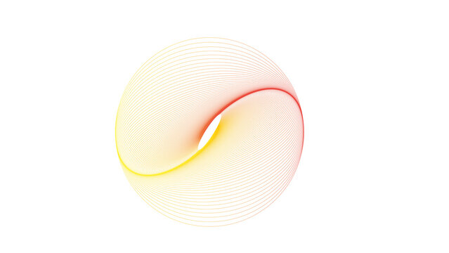 Abstract spherical shape formed by overlapping red and yellow gradient lines, suggesting a 3D torus or moebius strip with dynamic energy, on a white background.