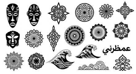 Collection of Tribal Masks Mandalas and Ocean Waves Designs.
