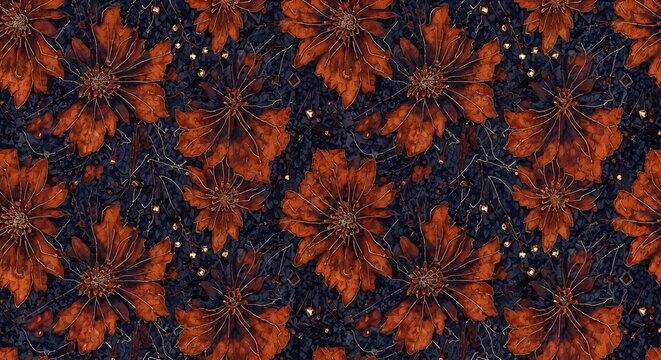 Seamless floral pattern with orange flowers on dark blue background