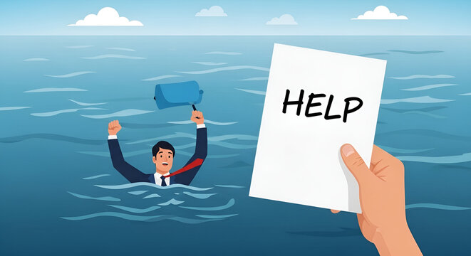 Cartoon illustration of a drowning man holding a help sign in the ocean