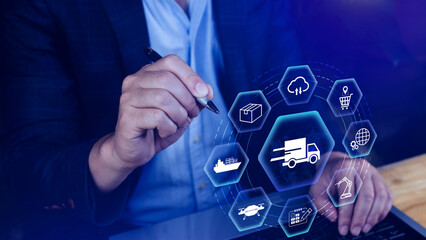 Smart logistics concept. warehouse operations with AI technology, using digital tools for inventory...