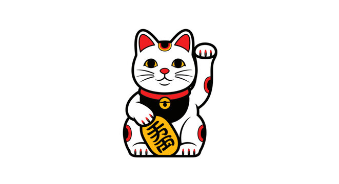 Maneki Neko Japanese Lucky Cat Waving with Gold Coin, Traditional Welcoming Fortune Cat on Isolated White Background