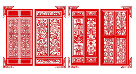 Fototapeta premium Red Traditional Asian Decorative Panels with Intricate Patterns on Isolated White Background