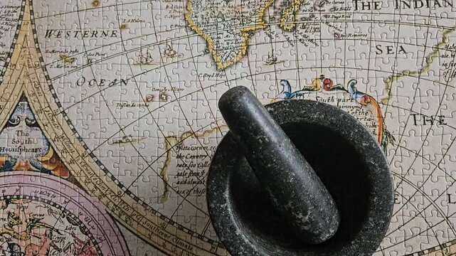 The Spice Route. An ancient map of the then known world dating back to around 1500, showing the continents for the spice trade.