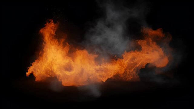 Realistic fire with smoke over a black background in the dark