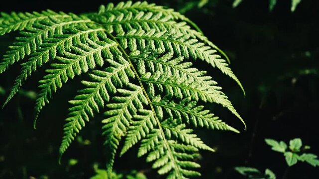 Lush green fern frond thrives in the deep forest undergrowth, showcasing its intricate, vibrant leaf patterns and the delicate beauty of nature's foliage in a tranquil, serene environment