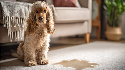 Naklejka na ściany i meble Adorable Cocker Spaniel sits patiently on a light-colored carpet indoors, an accidental liquid spill stains the rug in the foreground, highlighting pet behavior