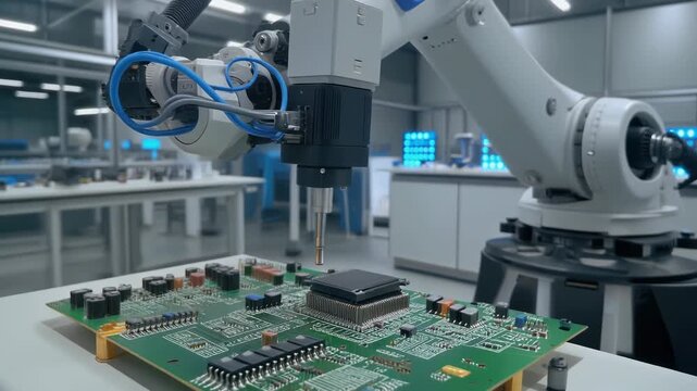 Automated Robotic Arm Assembling Circuit Board in Modern Electronics Factory.