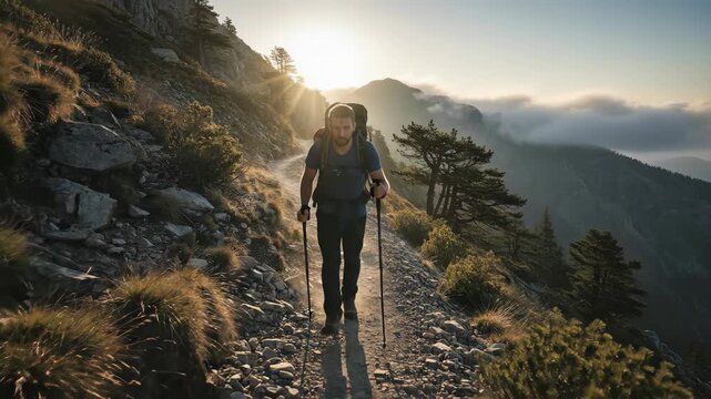 A lone hiker with a large backpack treks along a dusty mountain path bathed in the golden light of sunrise their journey is filled with natural beauty and solitude