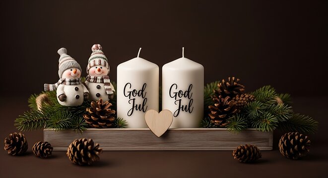 A cozy Scandinavian Christmas display featuring "God Jul" candles, cute snowmen figurines, and pine cones in a wooden tray.