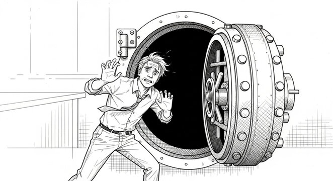 Man peeking into an open bank vault door.