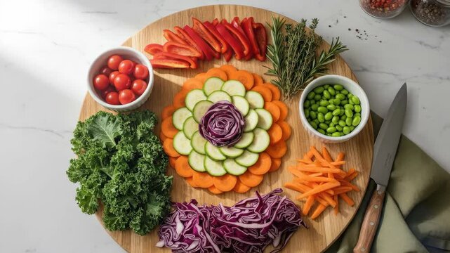 A vibrant platter displays a colorful assortment of fresh vegetables artfully arranged in a floral pattern offering a healthy and appetizing meal