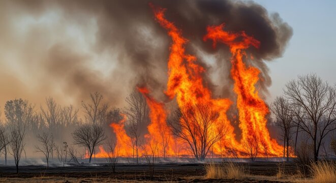 Massive, intense wildfire burning fiercely through a dry, arid woodland landscape. Thick plumes of gray smoke ascend high into the sky above the blazing trees, dry, fire, natural