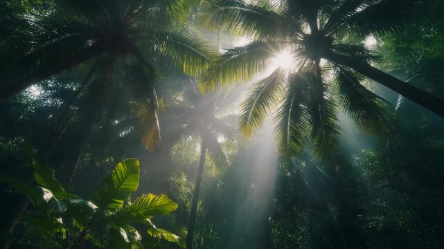 Sunlight filtering through lush palm trees in a tropical jungle, creating a serene and ethereal atmosphere.