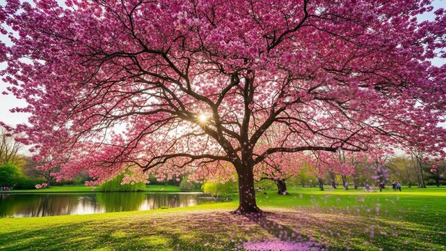 A blooming pink cherry tree stands boldly in a tranquil park at sunset.