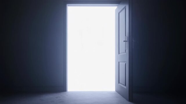 Mysterious Door Opening to Bright Light in Dark Room.