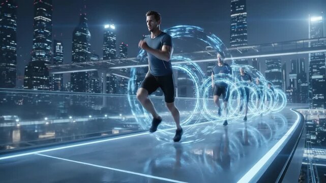 A determined man sprints along a futuristic glowing track Digital rings surround him signifying progress A cityscape looms in the background
