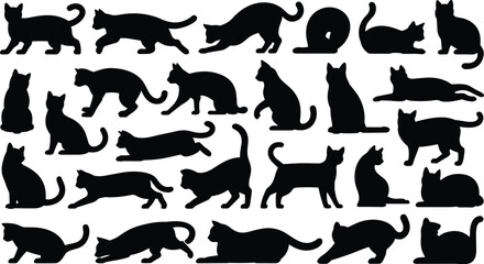 Cat silhouettes collection, various domestic feline poses isolated on white background pet animal vector illustration set © Tuhin