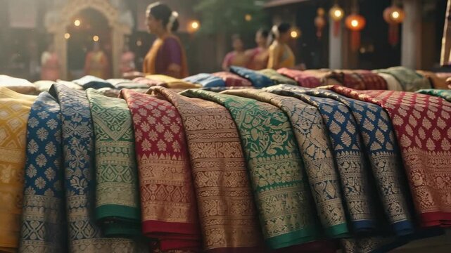 Vibrant textiles displayed at a market stall Intricate patterns in bold colors suggest rich cultural heritage Warm lighting creates an inviting atmosphere for shoppers